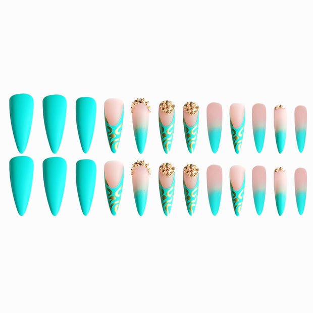 Gradient Light Green Striped Diamond Fake Nails - Angel's Dream