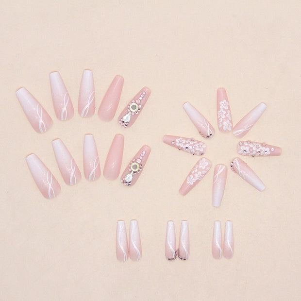 Long Ballet Gradient White Colorful Glitter Tender Girl Fake Nails Wearable - Angel's Dream