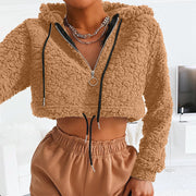 Hoodie Lambswool Teddy Faux Fur Sweatshirt Long Sleeve Zip Up Crop Top Women Winter Fall Clothes Cute Streetwear - Angel's Dream