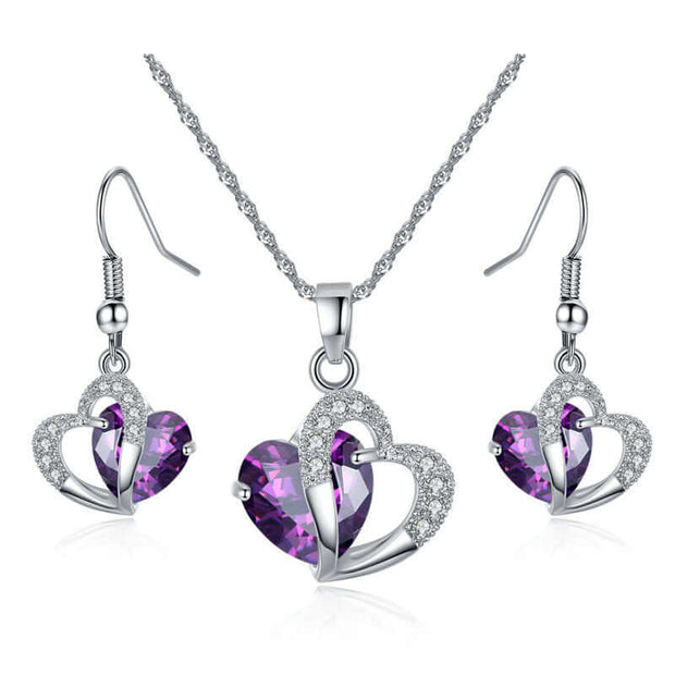 Amethyst Zircon Heart Necklace Earrings Set European And American   Christmas Gifts