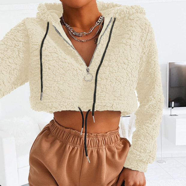 Hoodie Lambswool Teddy Faux Fur Sweatshirt Long Sleeve Zip Up Crop Top Women Winter Fall Clothes Cute Streetwear - Angel's Dream