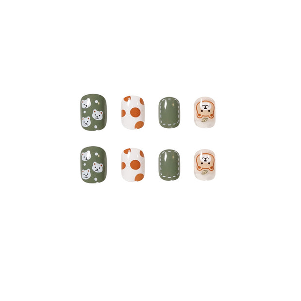 Olive Green Cute Bear Wear Finished Nail Beauty Fake Nails Nail Stickers Nail Patch Removable Nail Tip - Angel's Dream