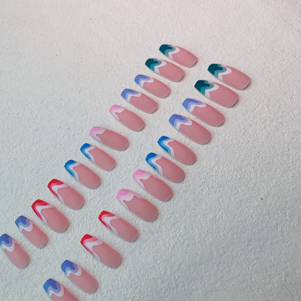 Fake Nails Multicolored Wave Pattern Extra Long Ballerina Frosted Nail Art - Angel's Dream