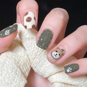 Olive Green Cute Bear Wear Finished Nail Beauty Fake Nails Nail Stickers Nail Patch Removable Nail Tip - Angel's Dream