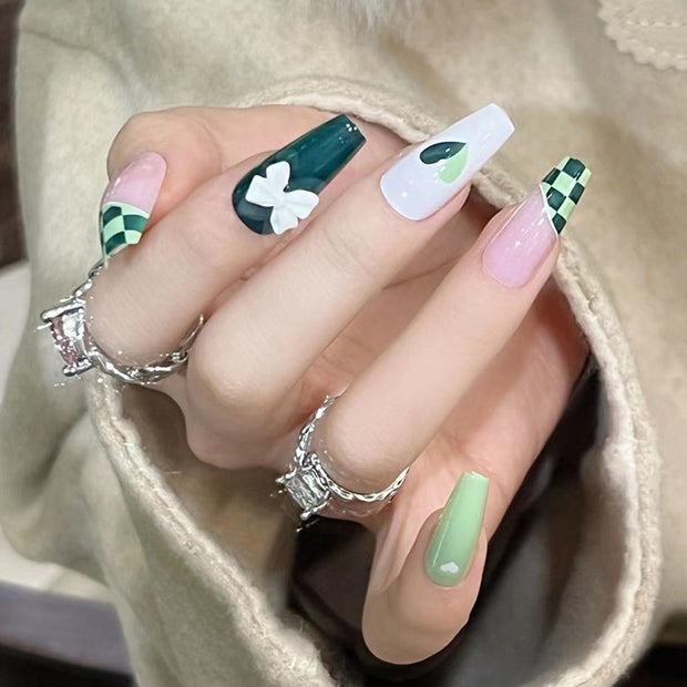 Wearing Nail Nail Stickers Matcha Chessboard Grid Manicure White Nail Patch Wearable Manicure Wholesale Nails - Angel's Dream