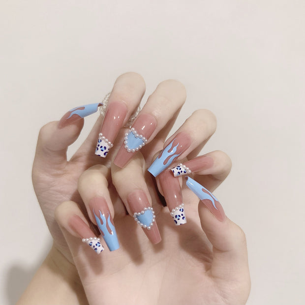 Ice-permeable Hot Girl Blue Flame Nail Stickers Fake Nails Removable Nail Tip Wear Finished Nail Beauty - Angel's Dream