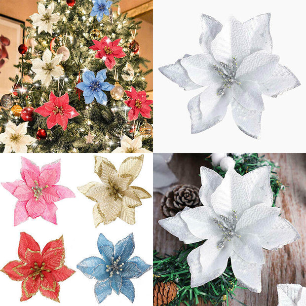 Artificial Flowers Glitter White Christmas Decor Wreath Tree Xmas Gifts