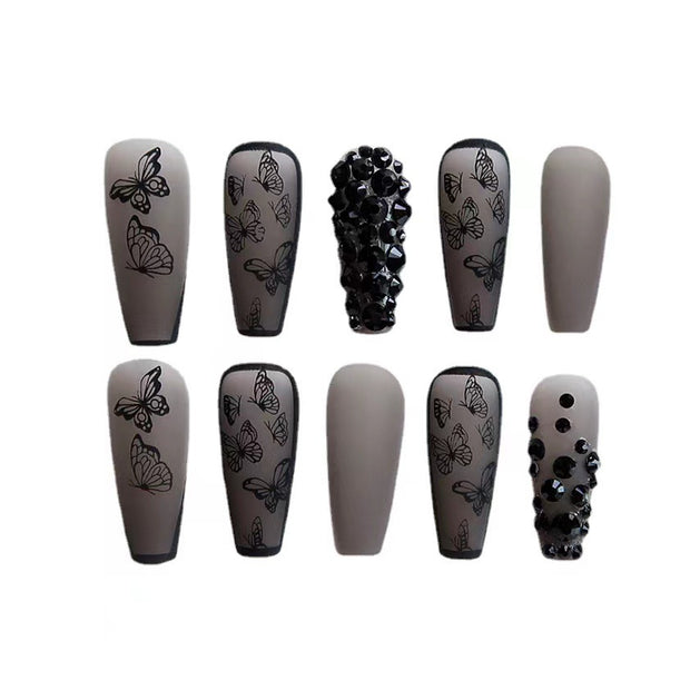 Phantom Dark Butterfly Fake Nails Long T Finished Black Frosted Removable Wear Armor - Angel's Dream