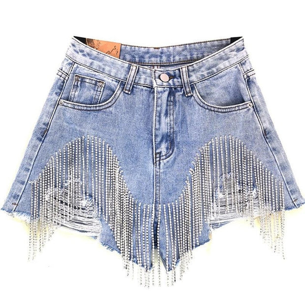 Tassel Rhinestone Denim Shorts - Angel's Dream