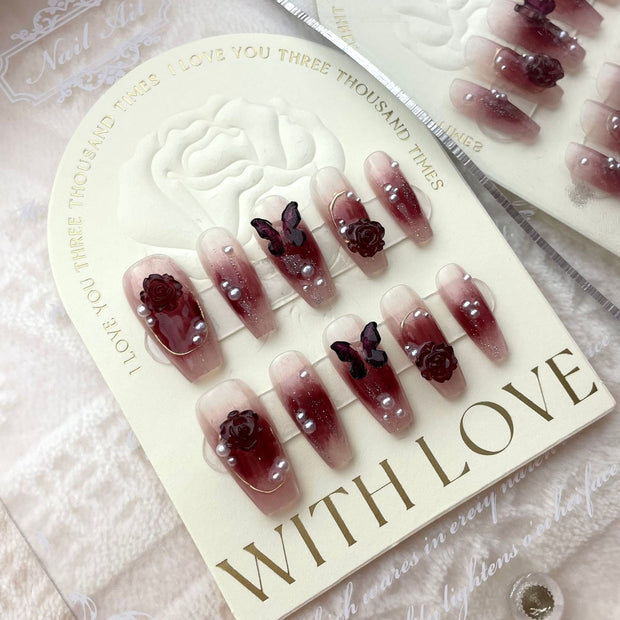 Wine Red Camellia Butterfly Fake Nails Hand-worn Patch - Angel's Dream