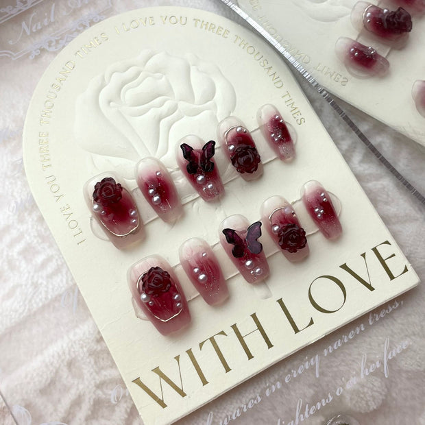 Wine Red Camellia Butterfly Fake Nails Hand-worn Patch - Angel's Dream