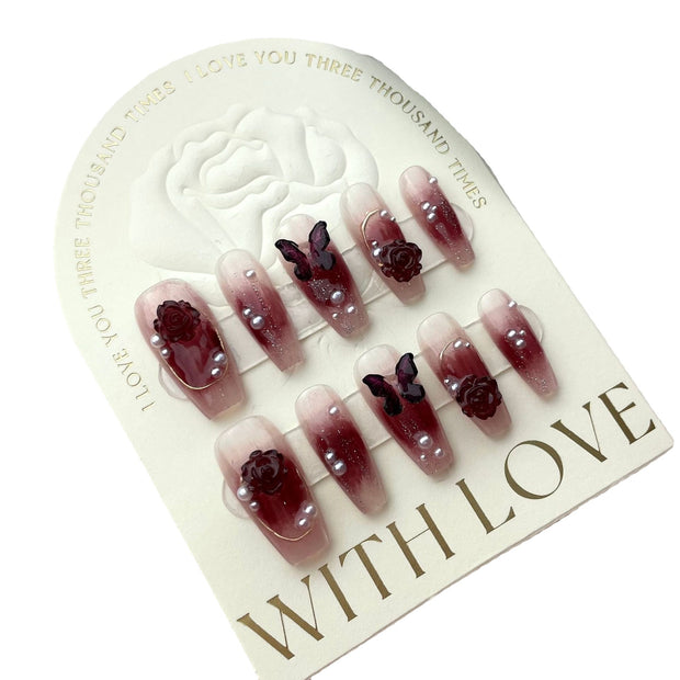 Wine Red Camellia Butterfly Fake Nails Hand-worn Patch - Angel's Dream