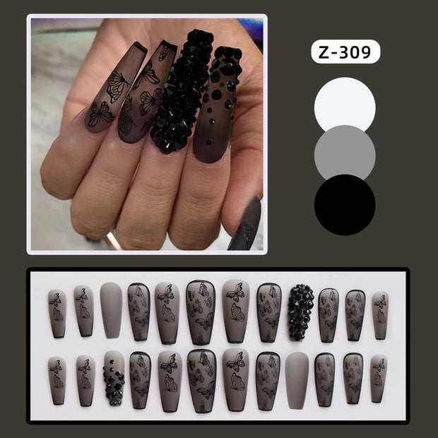 Phantom Dark Butterfly Fake Nails Long T Finished Black Frosted Removable Wear Armor - Angel's Dream