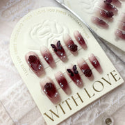 Wine Red Camellia Butterfly Fake Nails Hand-worn Patch - Angel's Dream