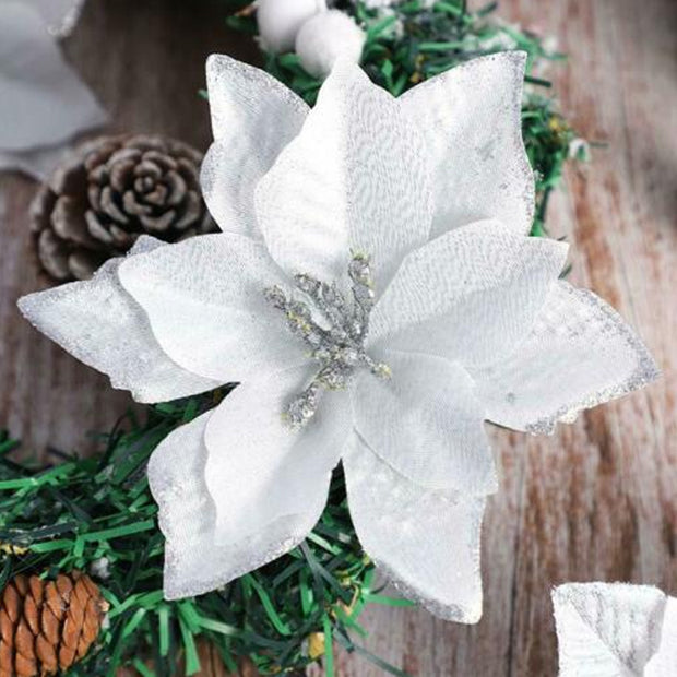 Artificial Flowers Glitter White Christmas Decor Wreath Tree Xmas Gifts