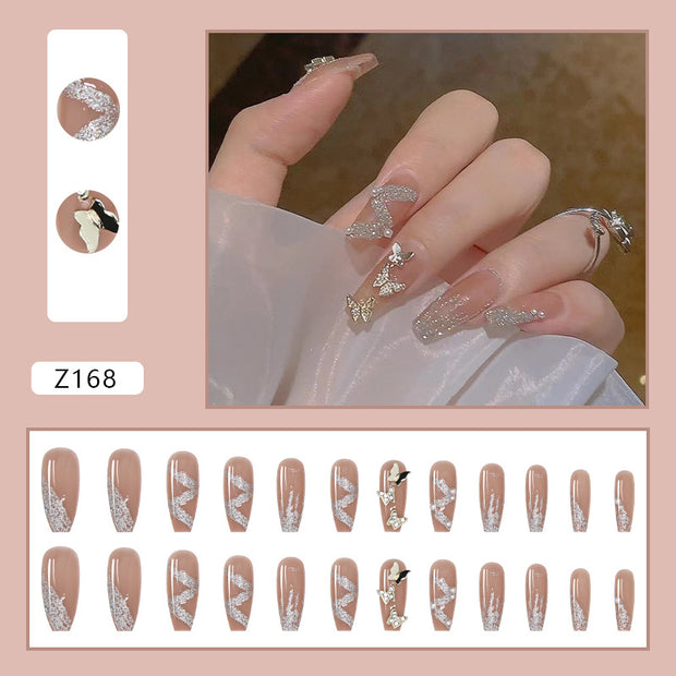 Japanese-style Armor Long Broken Diamond Streamer Fake Nails - Angel's Dream