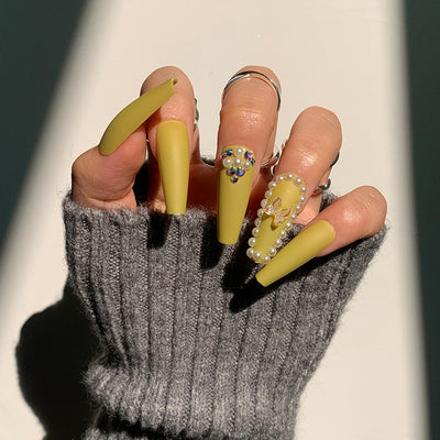 Mustard Yellow Green Wear Nail Butterfly Nail Full Diamond Nail Patch White Fake Nails - Angel's Dream