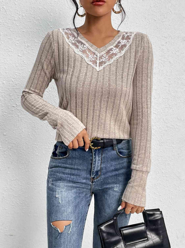 Lace Detail Ribbed V-Neck Long Sleeve Top - Angel's Dream