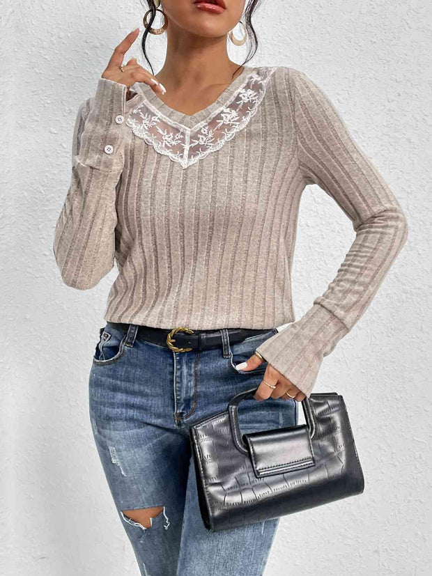 Lace Detail Ribbed V-Neck Long Sleeve Top - Angel's Dream