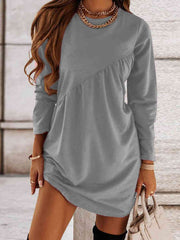 Ruched Round Neck Long Sleeve Dress - Angel's Dream