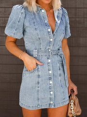 Puff Sleeve Button Up Mini Denim Dress - Angel's Dream