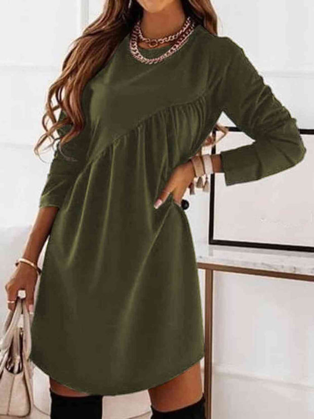 Ruched Round Neck Long Sleeve Dress - Angel's Dream