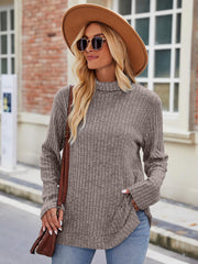 Ribbed Turtleneck Long Sleeve Slit Knit Top - Angel's Dream