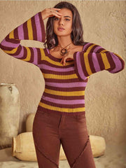 Striped Boat Neck Flare Sleeve Knit Top - Angel's Dream