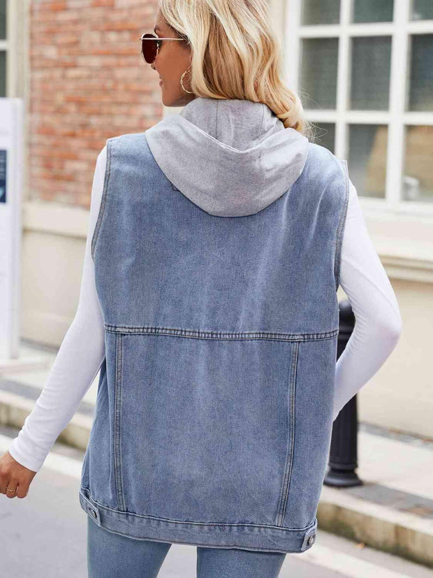 Drawstring Hooded Sleeveless Denim Jacket - Angel's Dream