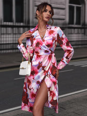 Floral Print Collared Neck Slit Dress - Angel's Dream