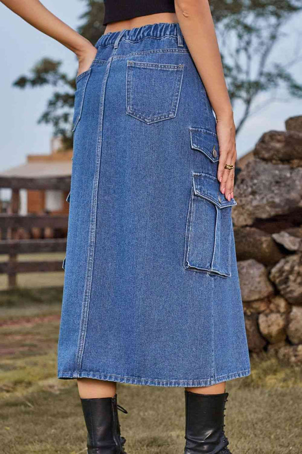 Slit Front Midi Denim Skirt with Pockets - Angel's Dream