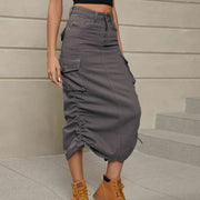 Drawstring Ruched Slit Denim Midi Skirt - Angel's Dream