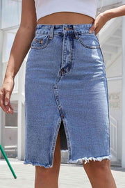 Buttoned Slit Denim Skirt - Angel's Dream