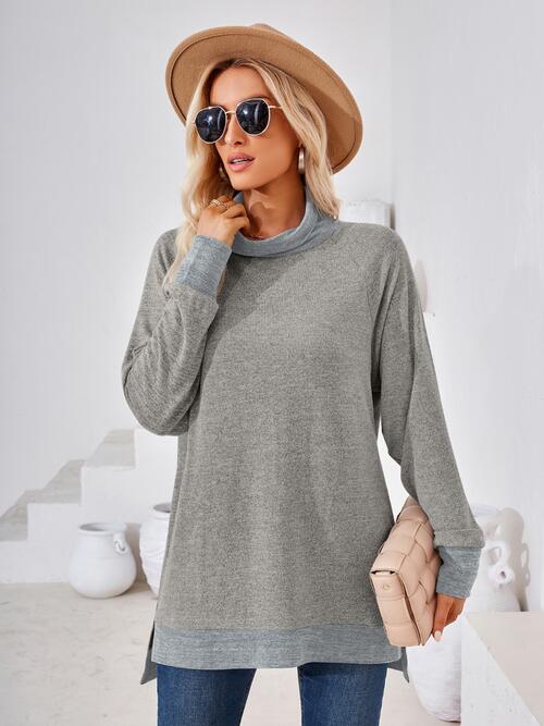 Contrast Mock Neck Long Sleeve T-Shirt - Angel's Dream