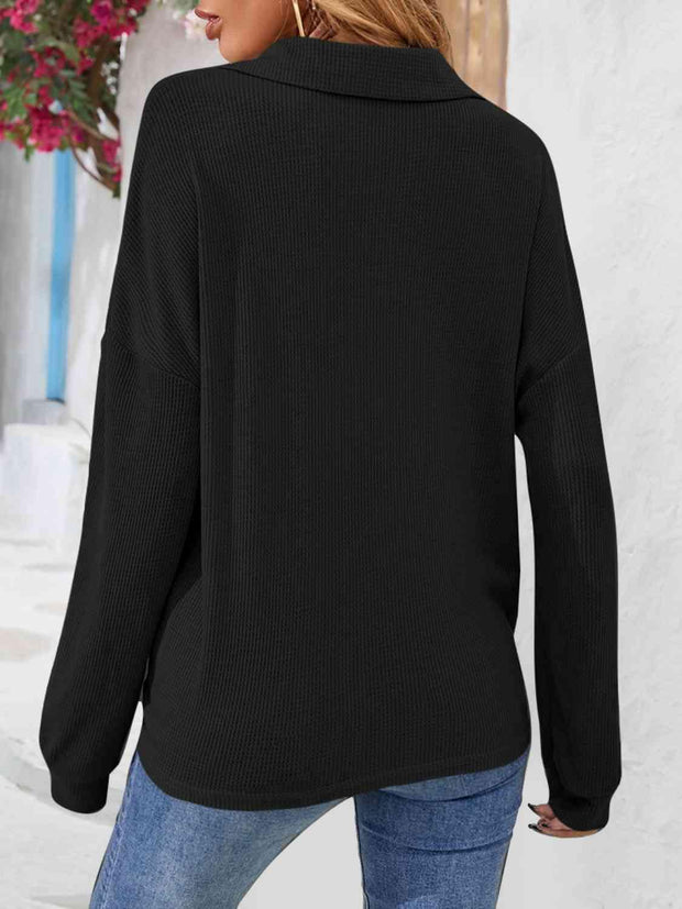 Half Button Collared Neck Long Sleeve Top - Angel's Dream