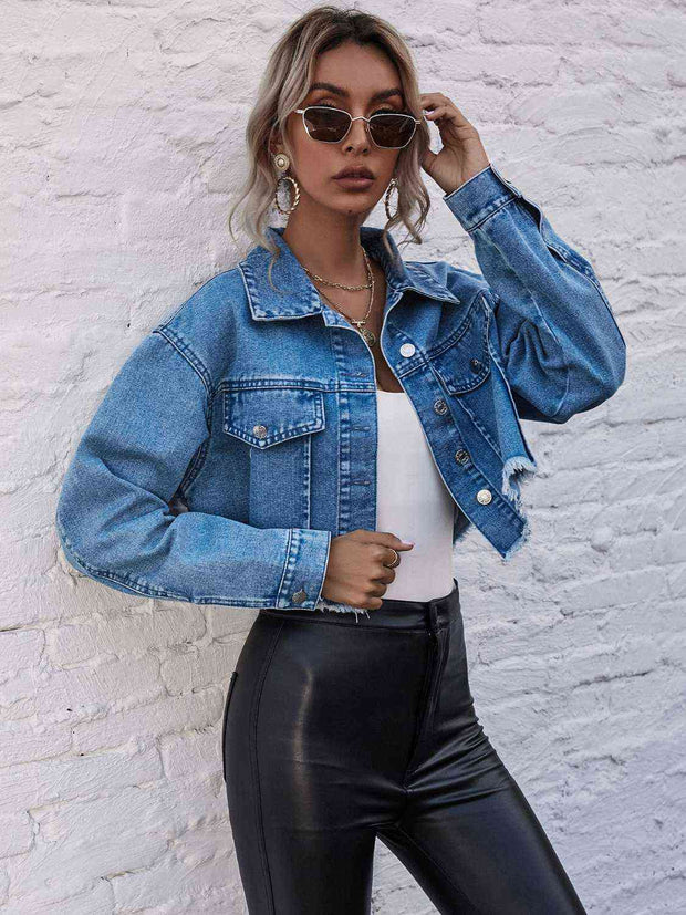 Raw Hem Collared Neck Denim Jacket - Angel's Dream