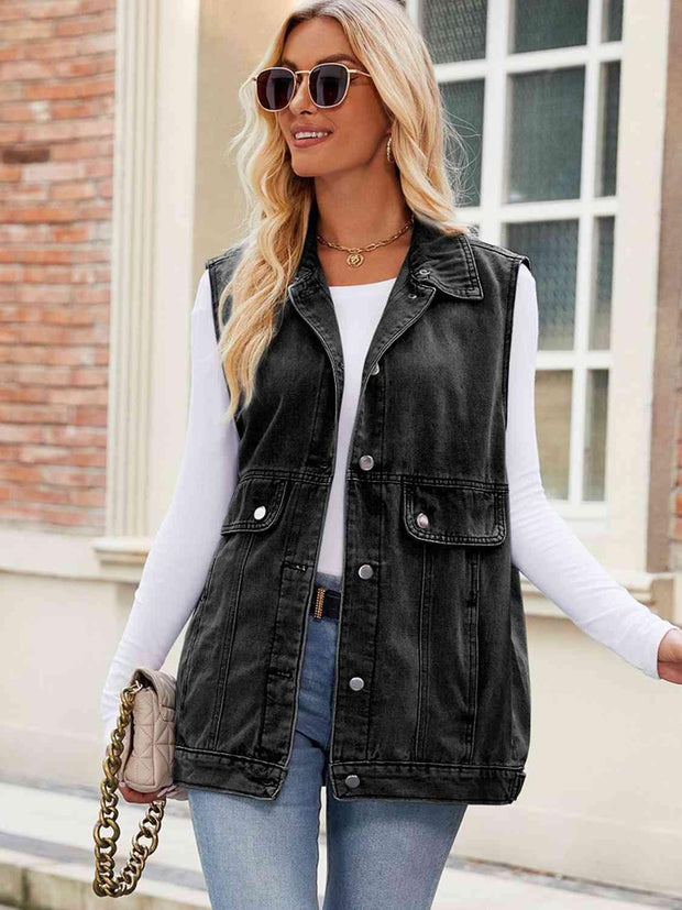 Button Up Collared Neck Denim Jacket with Pockets - Angel's Dream