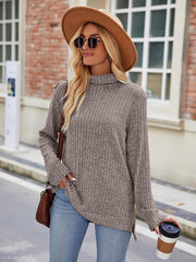 Ribbed Turtleneck Long Sleeve Slit Knit Top - Angel's Dream