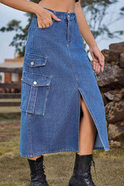 Slit Front Midi Denim Skirt with Pockets - Angel's Dream