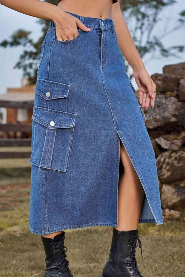 Slit Front Midi Denim Skirt with Pockets - Angel's Dream