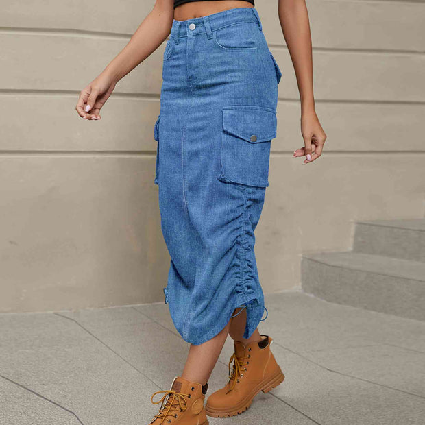 Drawstring Ruched Slit Denim Midi Skirt - Angel's Dream