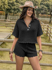 Eyelet Collared Neck Short Sleeve Top and Shorts Set - Angel's Dream