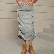 Drawstring Ruched Slit Denim Midi Skirt - Angel's Dream