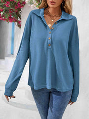 Half Button Collared Neck Long Sleeve Top - Angel's Dream