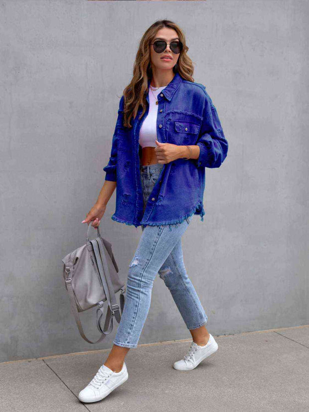 Distressed Drop Shoulder Denim Jacket - Angel's Dream