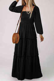 Square Neck Long Sleeve Tiered Dress - Angel's Dream