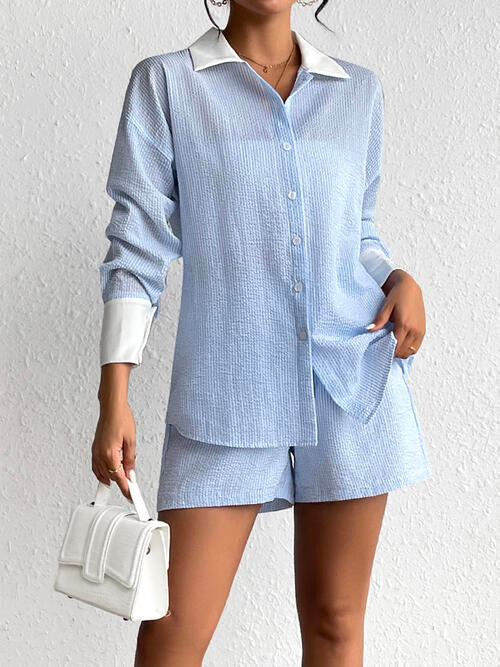 Texture Button Up Shirt and Shorts Set - Angel's Dream