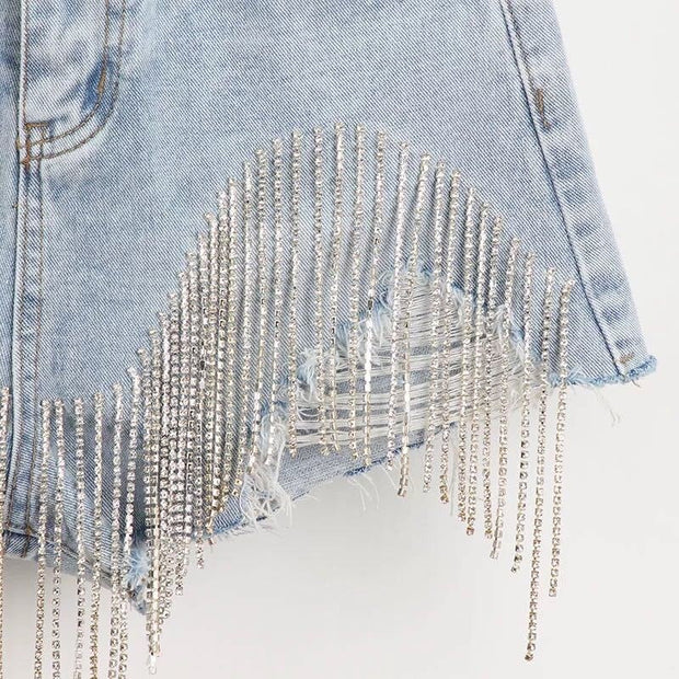 Tassel Rhinestone Denim Shorts - Angel's Dream