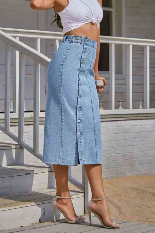 Buttoned Split Denim Skirt - Angel's Dream