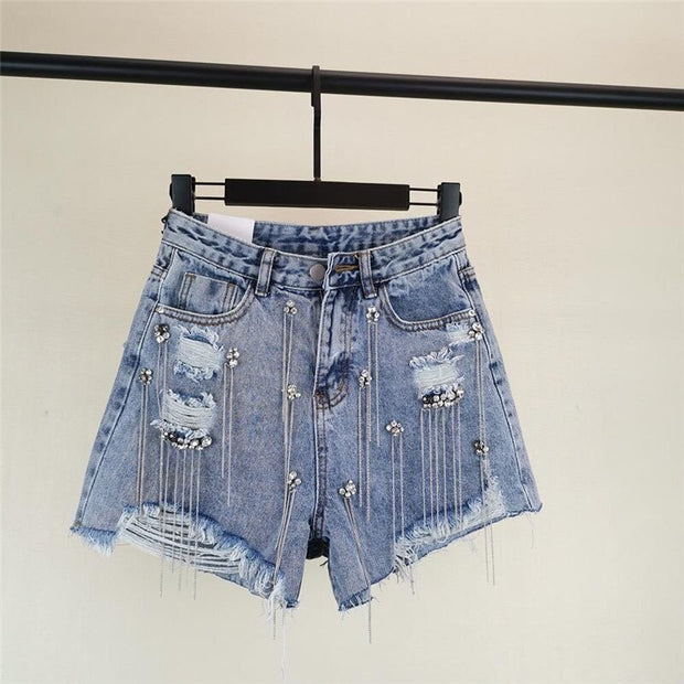 Tassel Rhinestone Denim Shorts - Angel's Dream